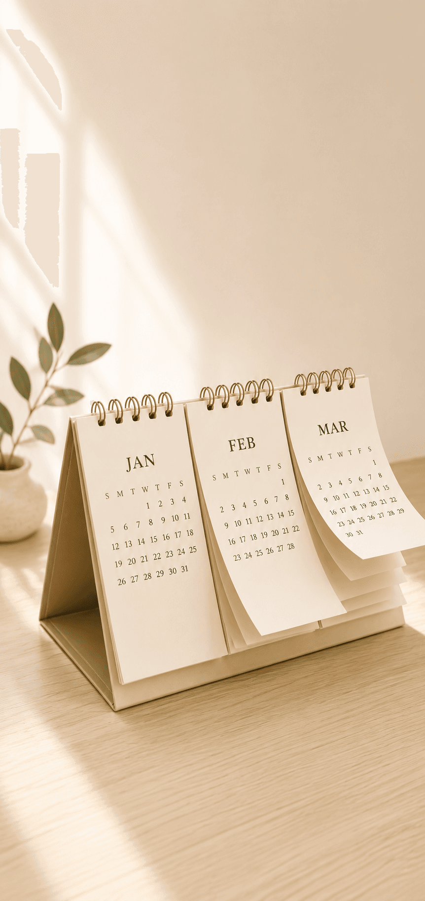 A desk calendar beside a plant in soft morning light
