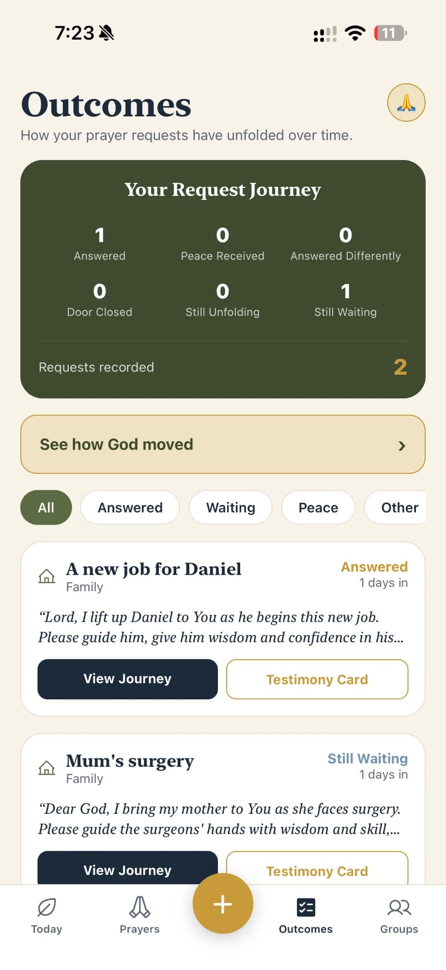 Answered app, Outcomes: how prayer requests have unfolded, from Answered to Still Waiting