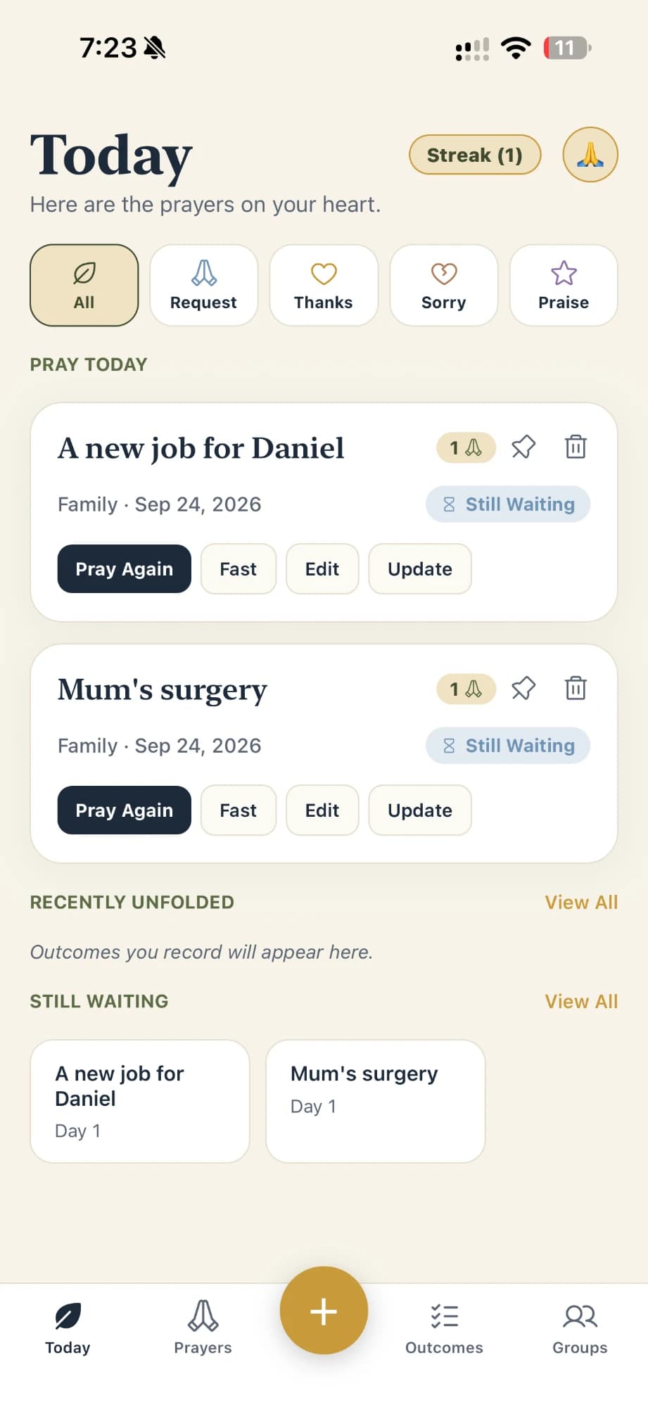 Answered app, Today screen: the prayers on your heart, with Pray Again, Fast, Edit and Update actions