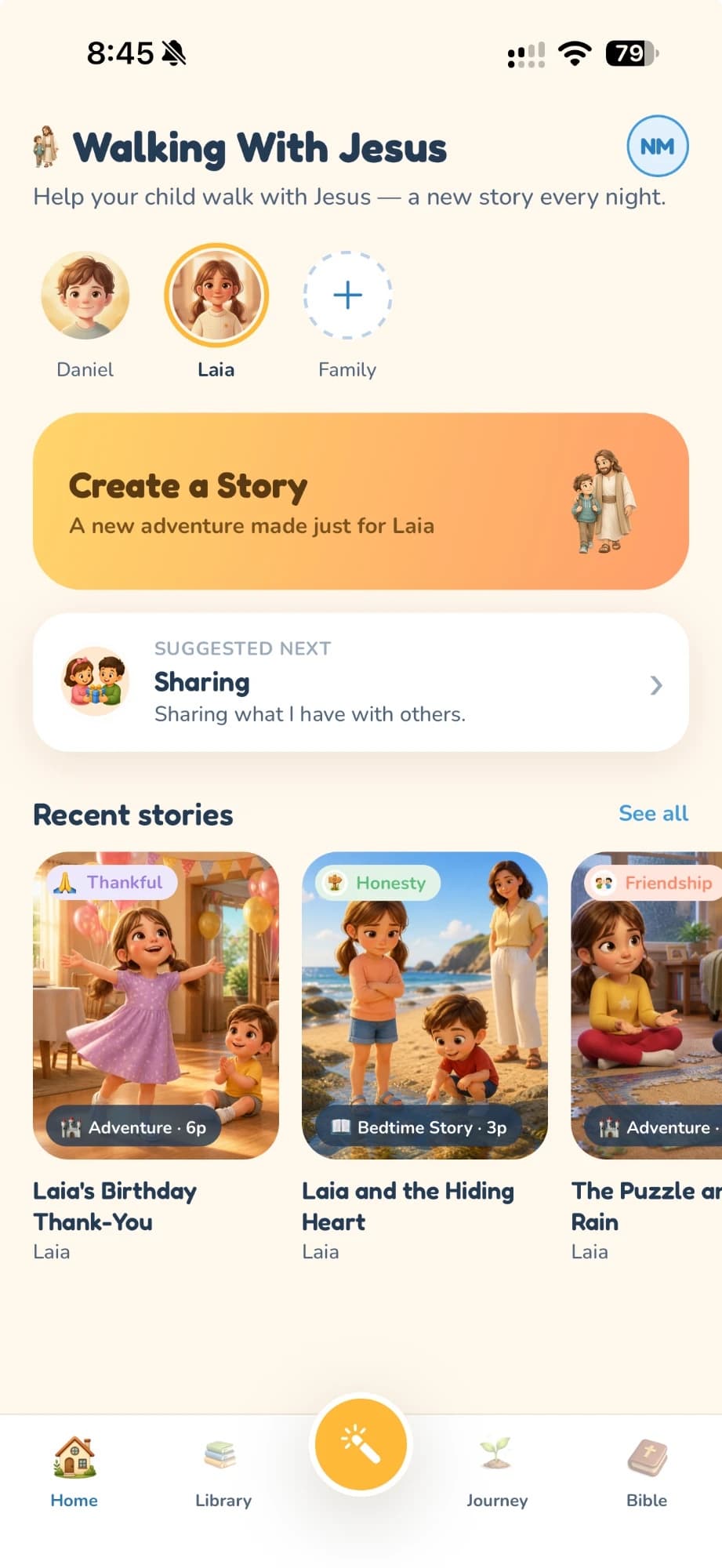 Walking With Jesus app home screen: child profiles, a Create a Story card and recent stories