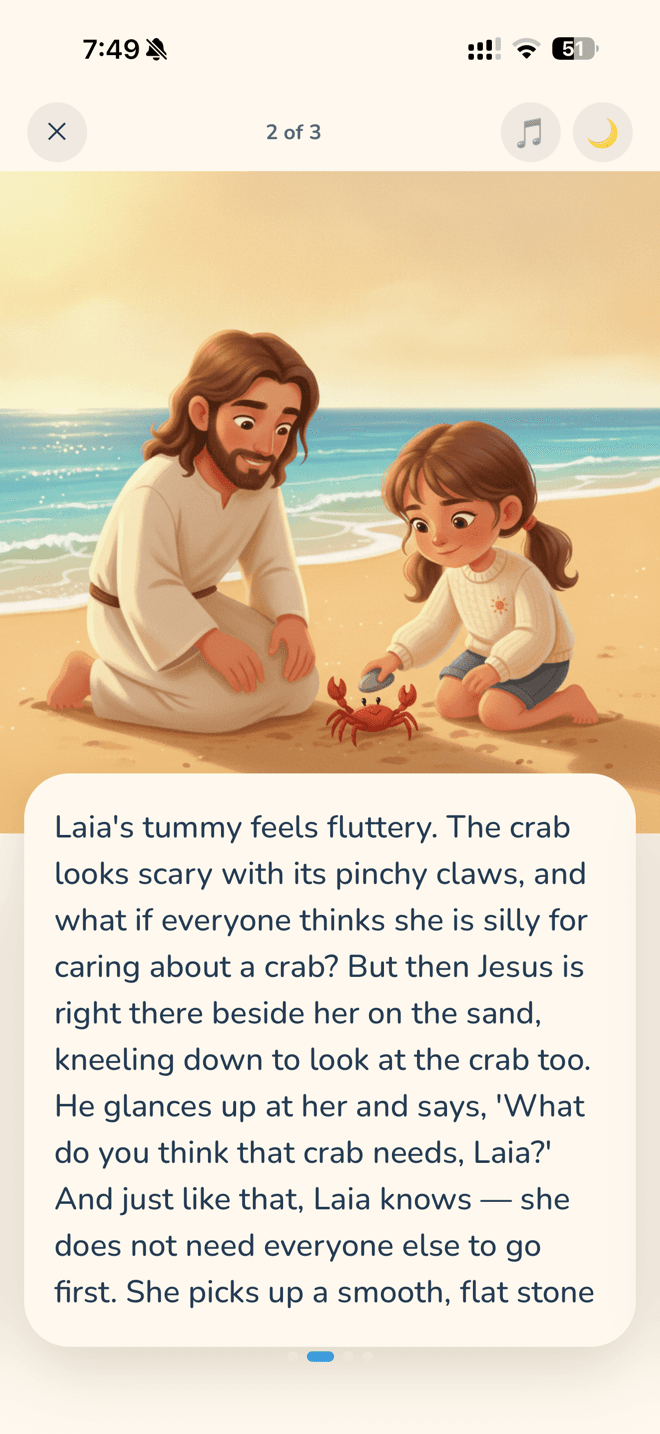 Story page: Jesus kneeling beside a child on a beach